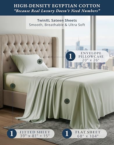 Image of LANE LINEN Cooling Sheets Twin XL 100% Egyptian Cotton Sateen - Mineral | Twin XL Sheets Deep Pockets - 3-Piece Set, Ideal For Dorms And Adjustable Beds, For A Luxurious Night's Sleep,