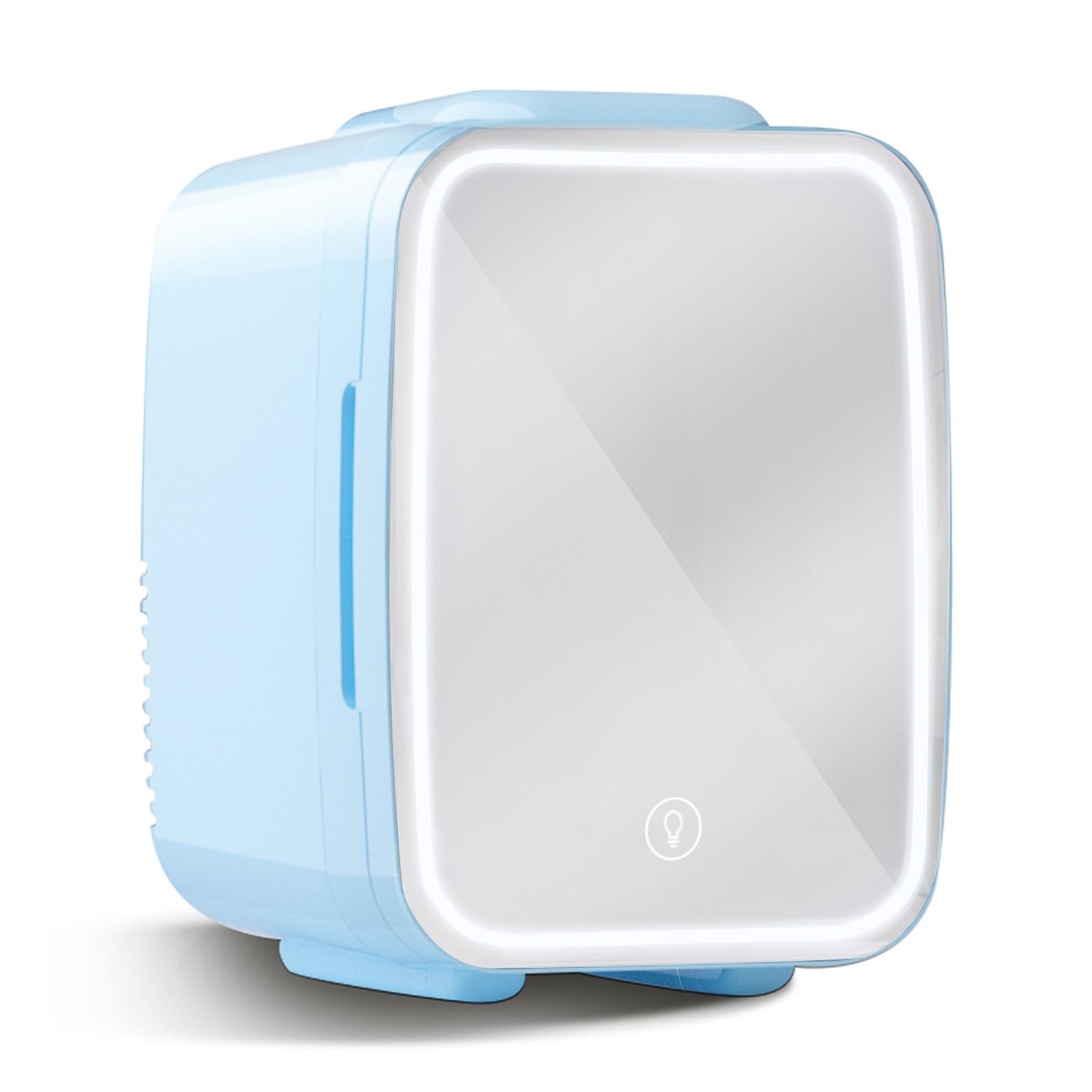 YASHE Mini Nevera para Dormitorio, Skincare Nevera con Espejo LED, Pequeña Nevera de 4L Portátil, Calentador y Enfriador Termoeléctrico 220V AC / 12V DC para Coche, Oficina, Dormitorio (Azul)