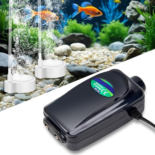 Zingbabu Pompe à air silencieuse pour aquarium, double sortie 8 W avec pierre à air, tuyau et clapet anti-retour, pompe à oxygène réglable pour aquarium