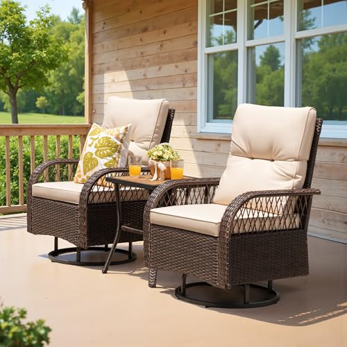 Devoko Patio Furniture Set Outdoor 3 Pieces Wicker Swivel Rocking Chairs Set of 2 with Coffee Table, Patio Conversation Set for Porch, Balcony, Deck, Garden (Brown) - Image 3