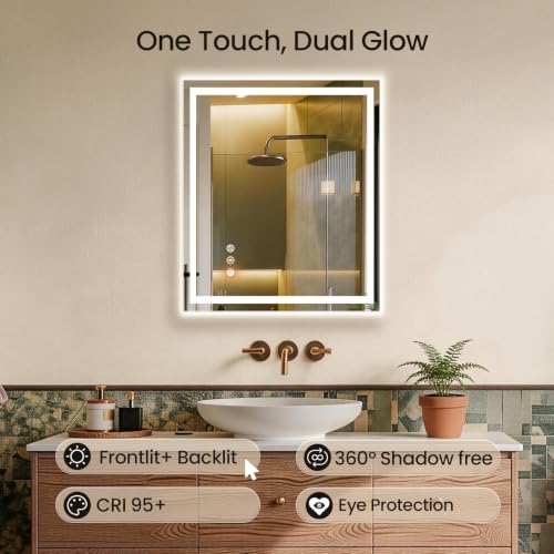 Image of 24x30 LED Bathroom Mirror with Anti-Fog, Backlit & Front Lit, Memory | Stepless Dimmable 3 Color CRI 95+ Shatterproof Tempered Glass ETL Listed for Safety Lighted Bathroom Vanity Mirror for Wall