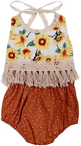 Baby Girl Clothes Sunflower Floral Backless Romper Tassel Top + Dot Short Summer Outfits Set