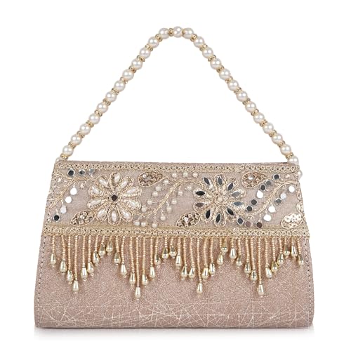 Image of Nevis Women's Embellished Clutch with Pearl Handle | Fancy Designe & Wedding Potli Bag for Festive & Evening