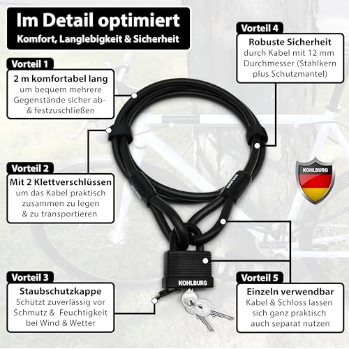 Foto von KOHLBURG Kabelschloss 2m lang – Schloss mit Schlüssel einfach zuklickbar – 2 Meter Schlaufenkabel für Fahrrad & Gartenmöbel – Stahlkabel 200 cm als Fahrradschloss, Fahrradanhänger & Kinderwagen