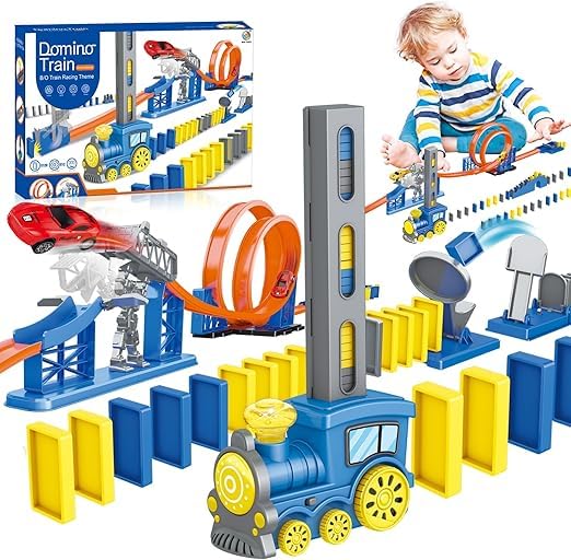 nino's 120 Pcs Domino Train Racing Theme, DIY STEM Toy Domino Blocks 360° High Speed Car Track with Loop Race Circuit with Toy Car, Educational Game for Kids 5+ Years