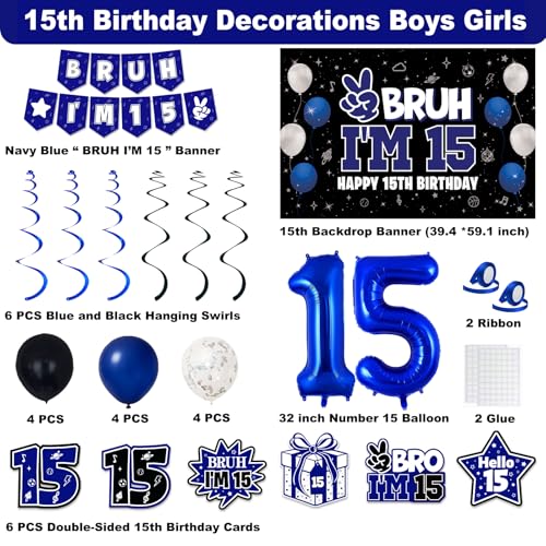 Image of 15th Birthday Decorations for Boys and Girls, Blue and Black Happy 15th Birthday Party Decorations, Bruh I'm 15 Backdrop, Foil Balloons 15, Banner, Balloons, Hanging Swirls, Birthday Card Set 41pcs