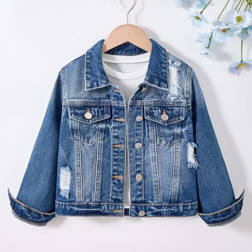 Girls Ripped Jean Jacket Fall Fashion Button Down Collared Long Sleeve Denim Jacket Coat Outwear Tops Outfits 3-12 Years3