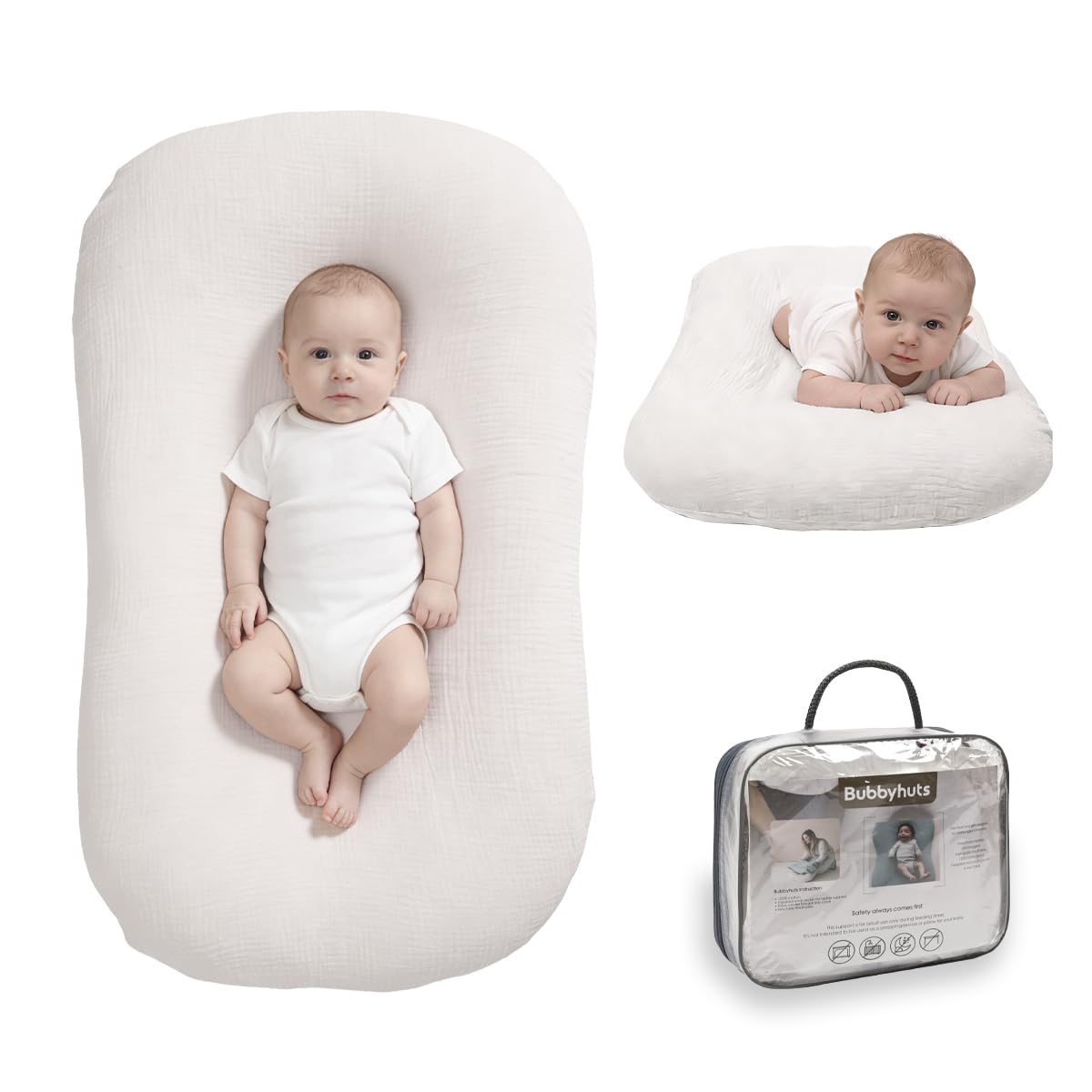 Photo 1 of Bubbyhuts Infant Support Cushion - Baby Support Cushion for Newborn 0-24 Months, Muslin Cover?Portable Breathable & Soft Tummy Time Mat for Home and Travel - White