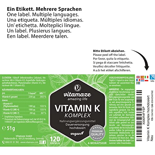 Vitamin K Komplex hochdosiert & vegan, K1 1.000 mcg + K2 Menaquinon (1.000 mcg MK4 + 200 mcg MK7), 120 Kapseln für 4 Monate, beste Bioverfügbarkeit, Made in Germany