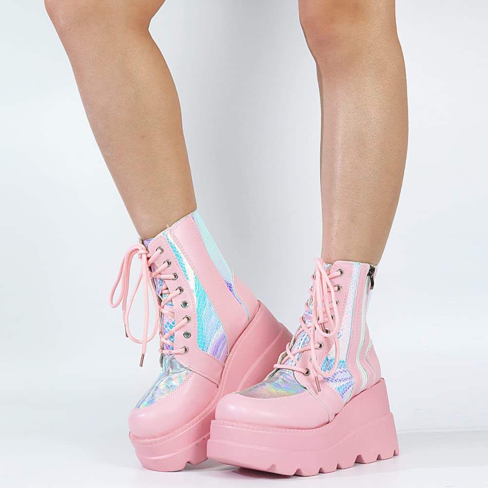 Tscoyuki Platform Ankle Boots for Women Chunky High Heel Booties Goth Round Toe Combat Boots Women Lace Up Motorcycle Wedges: 10 3-pink