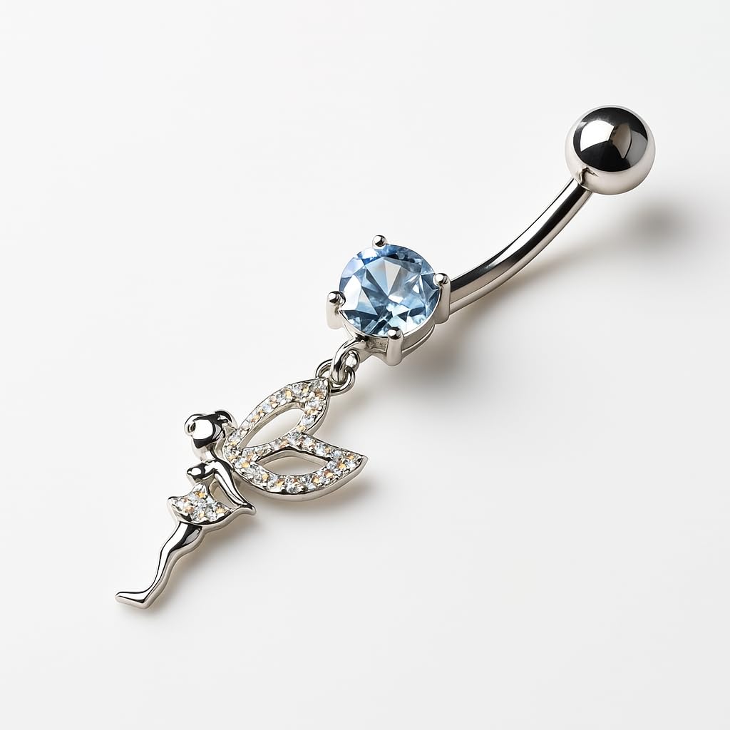 Piercing para el ombligo, plata de ley 925 y circonita, cristal de acero quirúrgico 316L, plátano, piercing para el ombligo, 1,6 x 10 mm, alas de hada elfe, niña, color blanco
