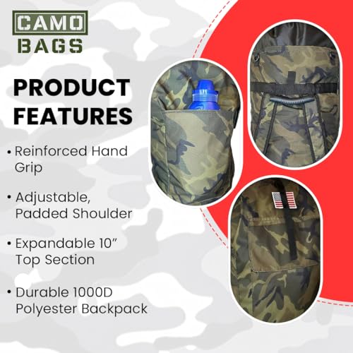 Camo Duffel Bag Backpack | Durable 1000D Polyester Backpack Multiple Compartments with 10” Expandable Top Section | Reinforced Hand Grip & Adjustable, Padded Shoulder Straps | US Flag Patch Included3