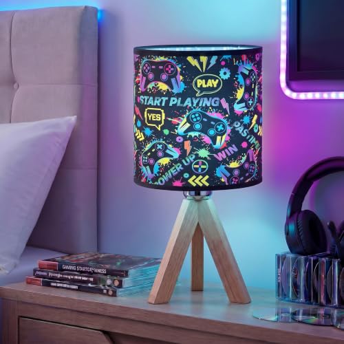 Glooglitter Video Game Table Lamp with Wood Triangular Stand 3 Colors Dimmable Lights 9.72 x 5.12 Inch Video Game Bedroom Room Decor Bedside Lamps Night Light for Desk Birthday Gifts