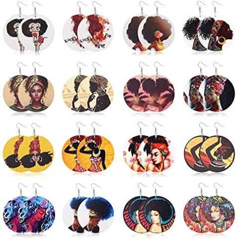16 Pair Round African Women Earrings Wooden Painted Ethnic Style Dangle Earring Geometric Personalized Earrings Cover