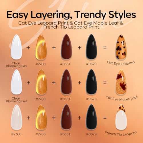 Image of modelones Fall Gel Nail Polish Set, Amber French Tip Leopard-Print Theme | 6 Colors Blooming Brown Jelly Nude Maroon Black Gold Glitter Cat Eye Gel Polish, with Magnet & Liner Pen & French Stickers