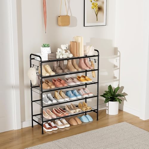 Image of VILICK 5 Tier Shoe Rack 33 inch Wide Metal Shoe Organizer Long Shoe Storage with 4 Side Hooks Sturdy Shoes Shelf for Closet, Front Door Entrance, Garage, Dorm, Black