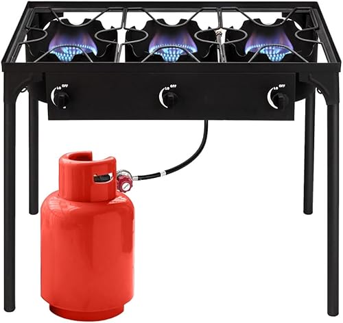 Miniatura 9 de Estufa de campamento al aire libre Cocina de gas propano de alta presión quemador portátil de hierro fundido para patio (tres quemadores 225000-BTU)