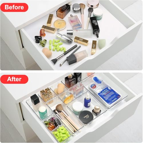Image of Aliensware 12Pcs Transparent Drawer Organizer, Versatile Bathroom and Vanity Organiser,Storage Bins for Makeup Cosmetics,Jewellery,Kitchen,Bathroom,Bedroom,Office,Gadget