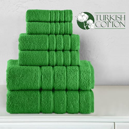 Image of Elegant Comfort 4 Lines Viscose Stripe 6-Piece Premium Towel Set - 100% Turkish Cotton High Absorbent Luxury Bathroom Towels - Includes 2 Washcloths, 2 Hand Towels and 2 Bath Towels Set, Emerald Green