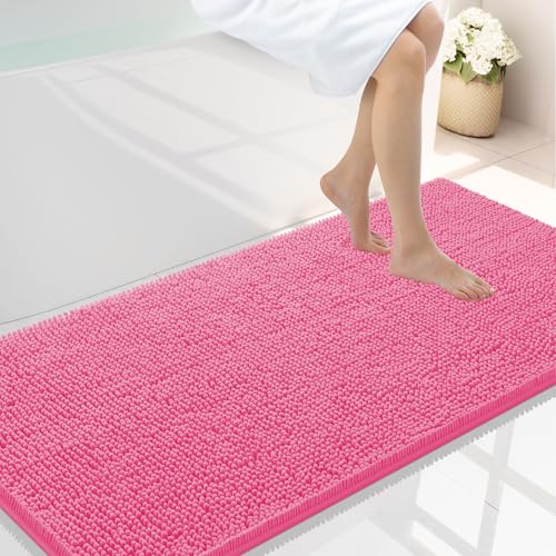 Smiry Luxury Chenille Bathroom Rugs 47x24, Extra Soft and Absorbent Shaggy Bath Mat, Machine Washable, Non-Slip Plush Carpet Runner for Tub, Shower, and Floor, Home Decor Accessories, Hot Pink