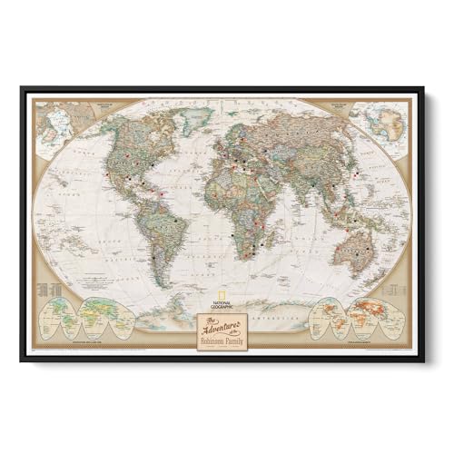 Image of Executive World Push Pin Map - National Geographic Antique Style Canvas Travel Tracker - Extra Large Framed Wall Decor - Black Float Frame - 34 inch x 51 inch