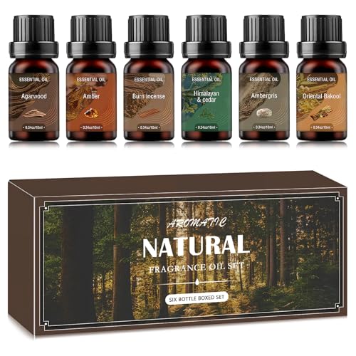 6 x 10ML Amaderados Aceites Esenciales para Humidificador, Set de Aceites Esenciales para Difusor, Madera de Cedro, Madera de Agar, Ámbar, Incienso, Ámbar Gris, Bakhoor