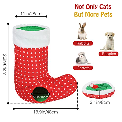 Image of Pawaboo Cat Tunnel Christmas Sock with Bell Balls, Upgraded 2 Way Cat Tunnel Interactive Toy for Christmas, Pet Xmas Stocking with Crinkle Paper & Strong Spring-Steel Frame for Cat Kitten Kitty, Red