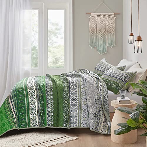 Green Boho Quilt Set Queen Size, Reversible Bohemian Striped Quilt Bedding Set Colorful Green Bedspread Soft Lightweight Microfiber Coverlet 3 Pieces (1 Quilt 90"X90" + 2 Pillowcases) All Season #TOP5