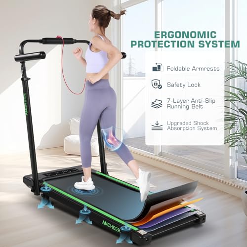 Image of Walking Pad Treadmill Adjustable Height, Under Desk Treadmills with Handle Bar and Incline, 300lbs Capacity Foldable Treadmill with Removable Desk Workstation, Installation-Free(Black Green)