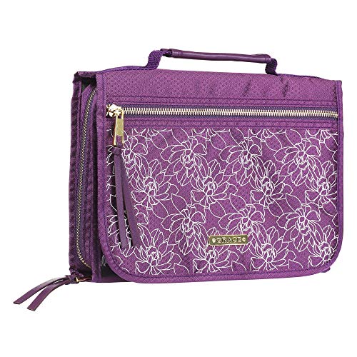 Capa feminina para bíblia floral roxa com emblema de fé | Capa organizadora grande com zíper em três