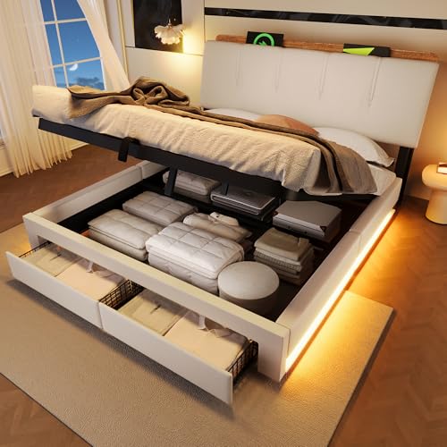 LAKFEW Camas Matrimoniales Cama 140x200 cm con USB y LED, Cama Matrimonio Tapizada con Cabecero Almacenamiento y 2 Cajones, Camas Juveniles con Almacenaje Hidráulico, Lino, Beige, Sin Colchón