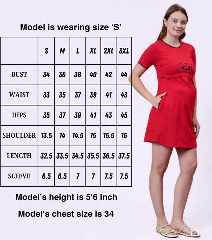 True Shape Maternity Dresses for Women Cotton | Stretchable Zipless Feeding Loungewear Kurta with Side Pockets in Knitted Hosiery for Pre & Post Partum(TSH-010-L, Red) 4