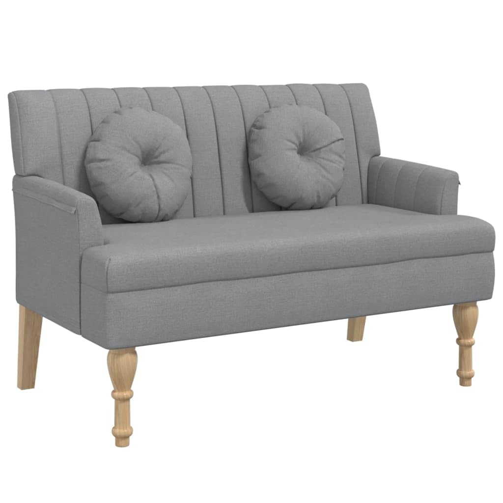 Banco de tela gris claro 113 x 64,5 x 75,5 cm con respaldo, asiento y reposabrazos acolchados gruesos, patas de madera de caucho maciza, estructura de madera contrachapada robusta, soporta