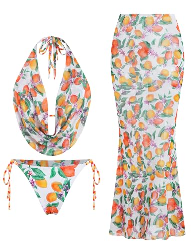 Image of ZAFUL Women's 3 Piece Floral Swimsuit Draped Neck Halter Bikini Tie Side Bathing Suit with Sheer Cover Up Skirt