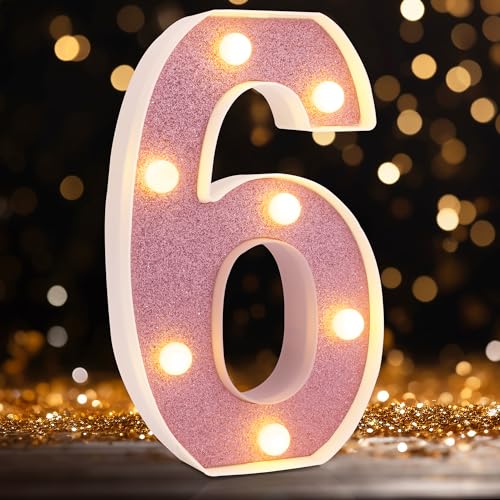 Image of LED Marquee Numbers, Small Light Up Numbers for Party, 8.58 Inch Battery Powered Lighted Number for Birthday, Night Light, Table or Home Decor (Pink Glitter, Number 6)