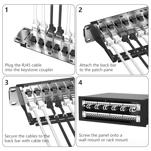 Image of Jadaol 24 Port Shielded Patch Panel Rack or Wall Mount 19-Inch, 1U Cat6A Network Panel Preloaded with 24 Keystone Couplers Plus 1 Spare, 10Gbps Ethernet Panel with Cable Management & Back Support Bar