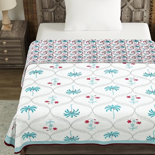 Image of BLOCKS OF INDIA Hand Block Printed Cotton Single Size Reversible Malmal Dohar for Summer (Turq Tree)