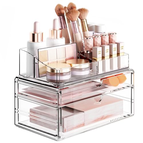 Delamu 3-Tier Clear Makeup Organizer with Drawer, Acrylic Cosmetic Display Case for Makeup Vanity...