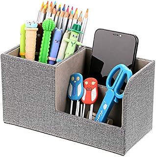 BSTKEY Multi-functional 3 Compartment Desk Organiser - Pencil Holder Desk Tidy Business Card Pen Mobile Phone Controller Holder Storage Box, Cosmetics Organizer Storage Box (Linen Grey)