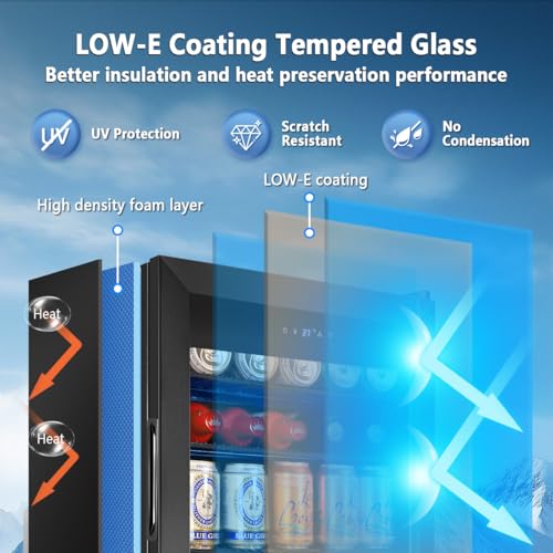 Image of Tylza Beverage Refrigerator Cooler, 130 Cans 3.22 Cu.Ft Small Refrigerator with Low-E Glass Door, Lock, 17-Inch Beer Fridge for Drinks, Beer and Wine, Mini Fridge for Bedroom, Office and Bar, Black