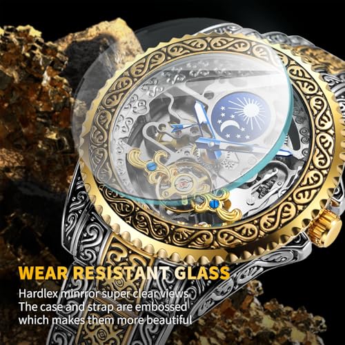 Image of Gute Men's Watch Retro Mechanical Skeleton Watch with Carved Automatic Tourbillon, Moon Phase, Independent Seconds, and Big Dial Design - Self-Wind Automatic Wrist Watches