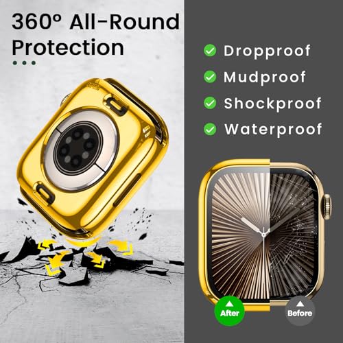 Image of 3 in 1 Goton Waterproof Hard Case for Apple Watch Screen Protector 42mm, 360 Slim Full Protective Tempered Glass Face Cover + Back Hard PC Bumper for iWatch Series 11 /10, 42mm Gold