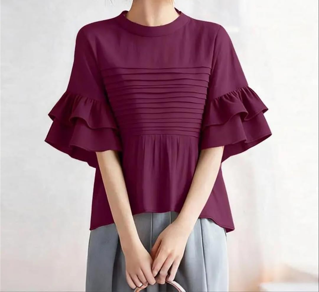 Camicette estive da donna eleganti da lavoro in ufficio o collo a maniche corte camicia elegante tinta unita plissettata tunica top