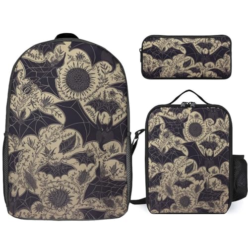 3 Piece Backpack for Women Men Lightweight Causal Daypack Shoulder Bag Set with Insulated Lunch Bag And Pencil Case Organizers Bat Pattern