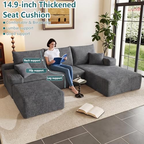 Image of 95 inch U-Shape Cloud Couch, Modern Modular Sectional L-Shape Sofa with Ottoman, Corduroy Upholstered Couches Deep Seat Sleeper Chaise Longue for Living Room, No Assembly Required(Dark Gray, Right Facing)