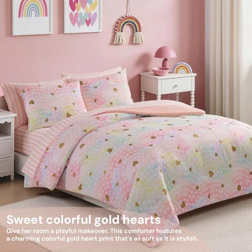 Image of BLOOMHAVEN Full Size Comforter Sets for Girls, 7 Pieces Pink Bedding Set with Colorful Gold Heart, All Seasons Kids Bed in a Bag with Sheets, Pillowcases & Shams