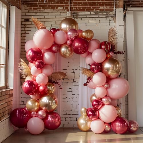 Image of PartyWoo Red Pink and Gold Balloons, 140 pcs Ruby Red Pink and Chrome Gold Balloons Different Sizes Pack of 18 Inch 12 Inch 10 Inch 5 Inch for Balloon Garland or Arch as Birthday Party Decorations