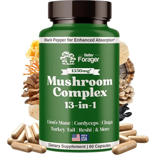 Image of Better Forager Mushroom Complex Capsules, 13-in-1 Mushroom Supplement, Lion's Mane, Reishi, Cordyceps, & More, Promotes Focus, Clarity, & Memory, Extract Supplement, 1 Month Supply, 60 Count