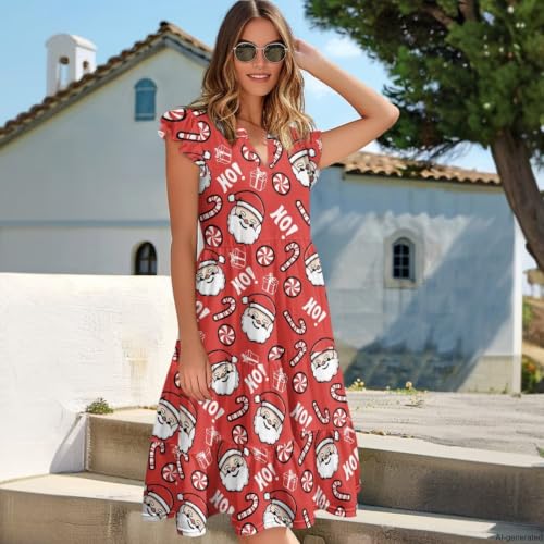 Image of Women's Casual Ruffle Sleeve Dress V Neck Pullover Dress Flowy A-Line Pleated Lightweight Dress with Pockets