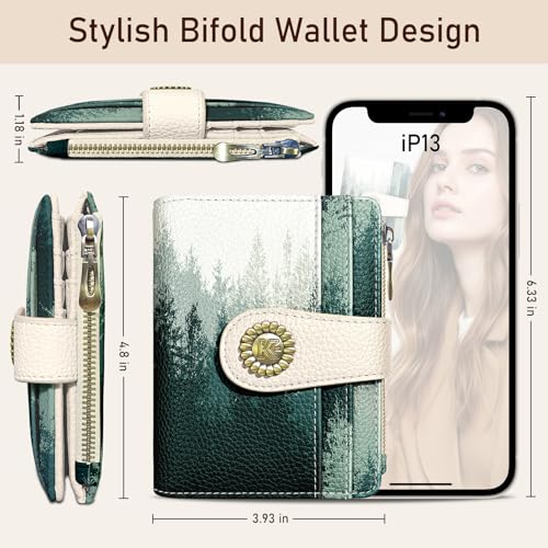 Image of Kelvoris Forest Tree Small Rfid Women Wallet Bifold Zipper Coin Pocket | PU Leather Compact Cash Credit Card Holder Travel Purse for Female Ladies Teen Girls 1 ID Window 10 Card Slots